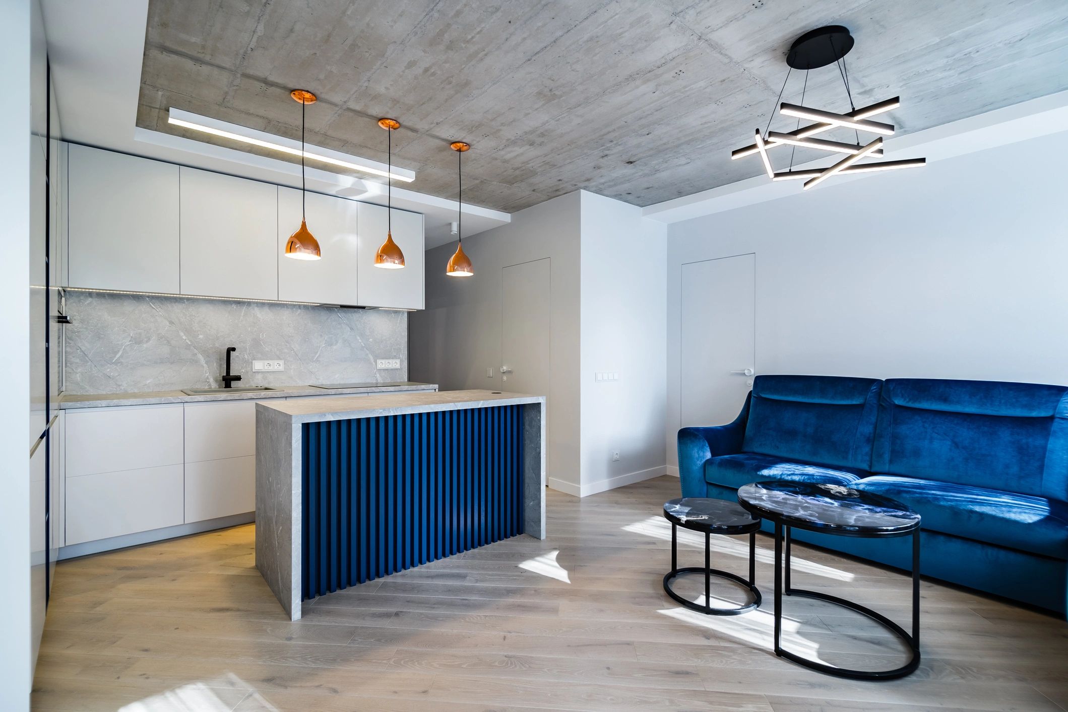 Finished basement renovation with open layout and modern living area