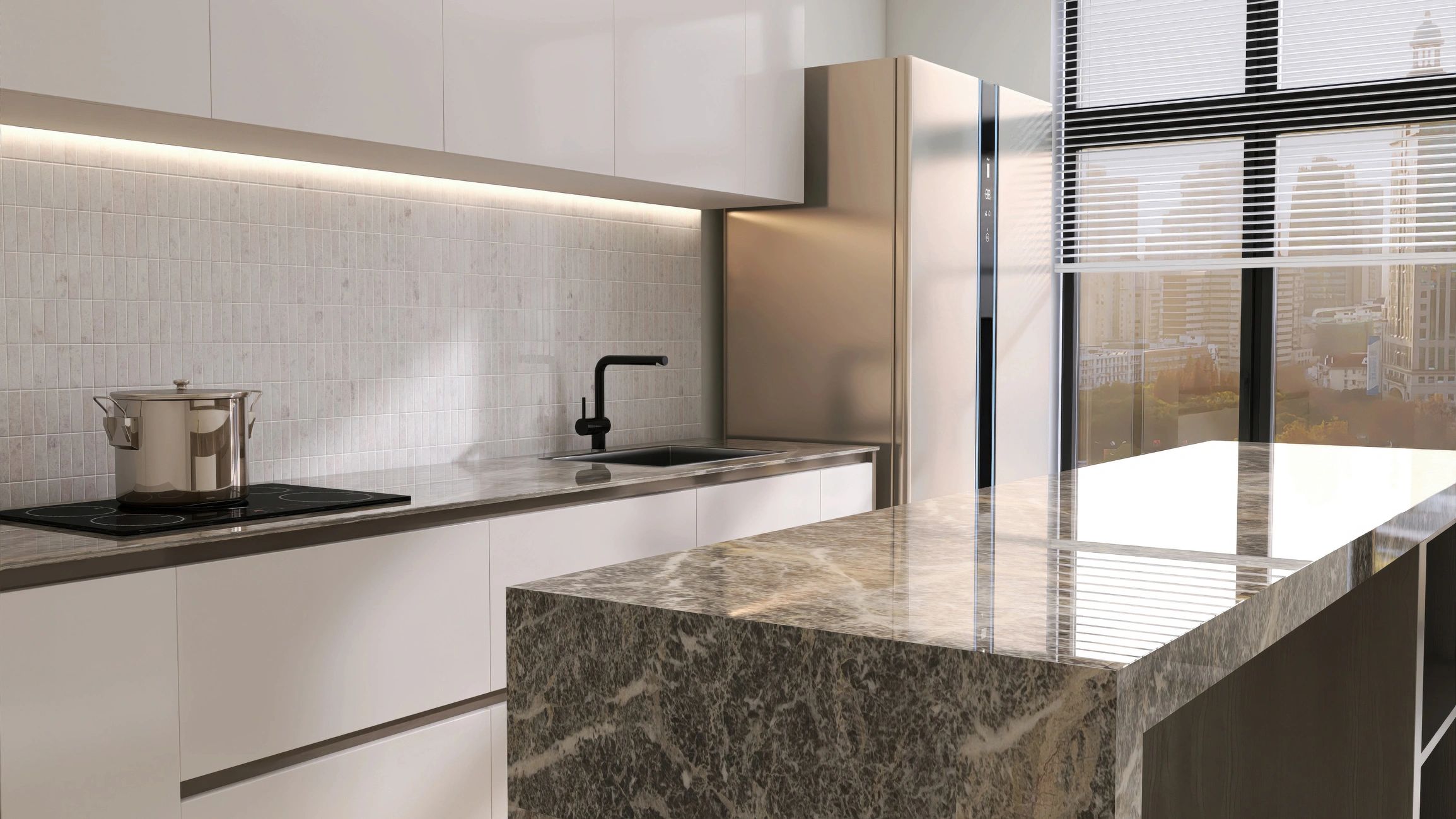 Modern kitchen renovation with marble island and bright custom cabinetry